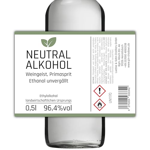 0,5l Weingeist Primasprit Trinkalkohol 96,4% vol - zum Ansetzen von Likören, Gin oder Tinkturen - 0,5l Flasche