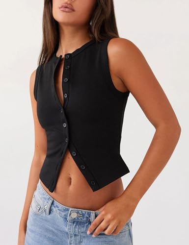 Image of Bozanly Womens Button Down Ribbed Tank Top Summer Sexy Sleeveless Slim Fit Y2k Crop Going Out Tops(0947-Black-S)