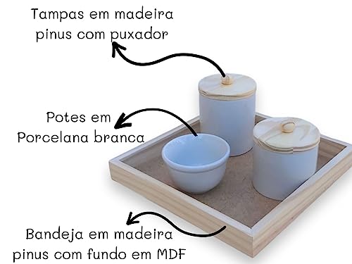 Kit de Higiene para Bebe com potes de porcelana, tampa e bandeja de Madeira Pinus