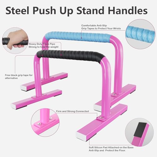 Purife 1 Pair Floor Stand Push Up Bars for Men & Women Pink, Strength Training Equipment Workouts Parallettes Bars, Push-up Handles Dip Bar for Home Fitness, Gymnastics, Calisthenics, Calistenia by Purife - Used condition - Image 2