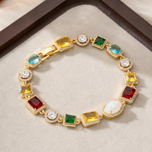 Tennis Bracelet for Men, Dainty 18K Gold Plated Diamond Tennis Bracelet Cubic Zirconia Chain with Emerald, Ruby, and Aquamarine Gemstones for Men Bride Birthday Wedding Valentine's Day Gifts4