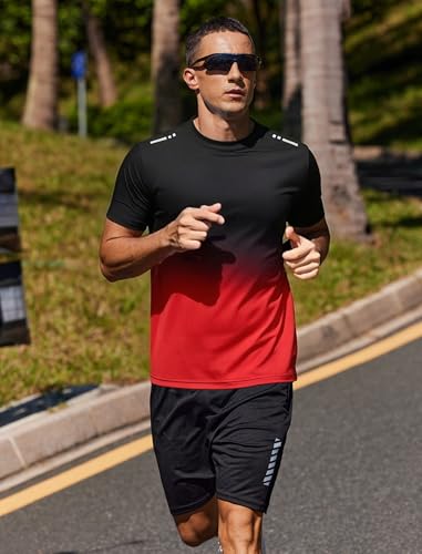 PINSPARK Sport Tshirts Herren Gym Shirt Funktionsshirt Kurzarm Sportshirt Schnelltrocknend Trainingsshirt Atmungsaktiv Laufshirt Farbverlauf Fitness Running Tops Rot L