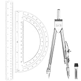 JJUNW Geometry Set, 3 Pcs Geometry Tools with Drawing Compass 12Inch Clear Plastic Ruler Protractor Math Ruler for School Office Math Drawing Drafting Engineering Architecture Art