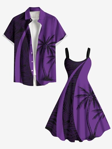 Image of ROSE GAL Matchable Couple Hawaiian Coconut Tree Print Shirt or Plus Size Knee Length Fit and Flare Tank Dress