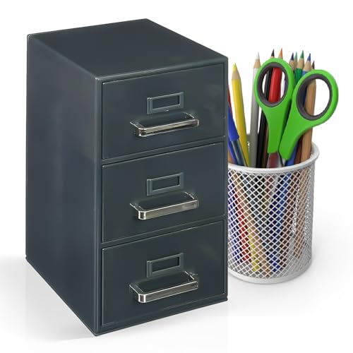 Desktop Mini Filing Cabinet | Business Card Organizer & Storage | Desktop Organizer | 3 Drawers | Gray | 8.75H x 4.5W x 5D inches (Pencil Case Not Included, For Size Reference Only)