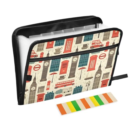 ALAZA London Big Ben European Retro Expandable Filing Folder Storage Organiser Box Files, 13 Pockets Zip Filing Folders for Home or Office Documents