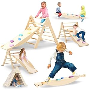 6 in 1 Toddler Climbing Toys Indoor – Safe Montessori Climbing Set with Foldable Pikler Triangle Ladder, Reversible Baby Climber Indoor Gym Rock, Kids Climbing Toys – Toddler Indoor Playground