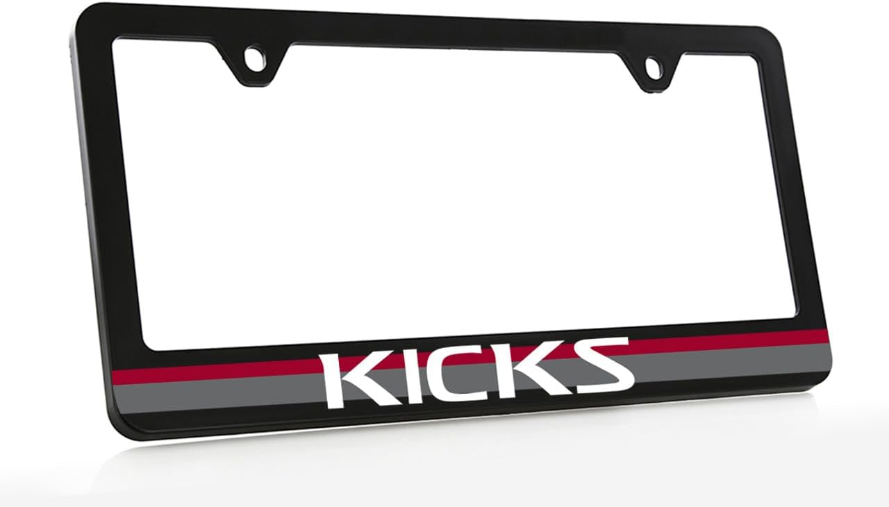 Nissan Kicks UV Printed Black Plastic License Plate Frame with Red & Gray