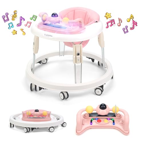 Image of Baby Walker with Wheels,Music and Lights Baby Walker for Boys Girls 6-12 Months,Foldable Baby Walkers and Activity Center,Toddler Infant Walker with 7-Speed Height Adjustment,Detachable Plate,Pink