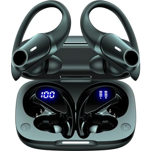 GOLREX Wireless Earbuds Bluetooth Headphones 80H Playtime Ear Buds with Wireless Charging Case & Dual LED Power Display Over-Ear Earphones with Earhooks for Sports Running Workout Black