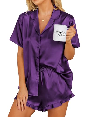 Image of Ekouaer Womens Satin Pajamas Set Button Down 2 Piece Silk Pjs Shorts Set Ruffle Lingerie Notch Collar Sleepwear