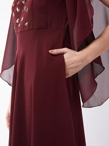 Image of Miss Chase Women's Round Neck Sleeve Embellished Fit Flare Maxi Dress