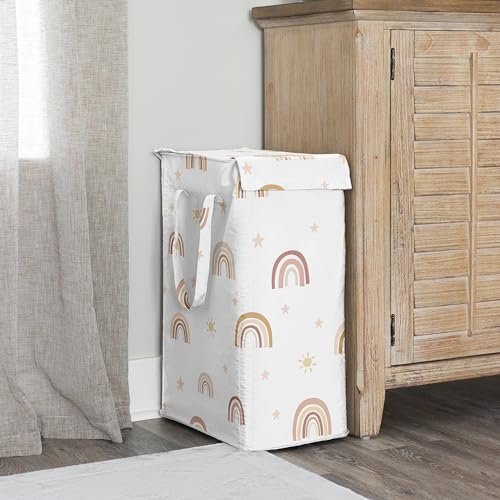 Image of Sweet Jojo Designs Boho Rainbow Girl Laundry Hamper Foldable Dirty Clothes Basket with Handles Baby Nursery Kids Bedroom Teen Bathroom Blush Pink Yellow Bohemian Modern Neutral Vintage Gold Stars Sky