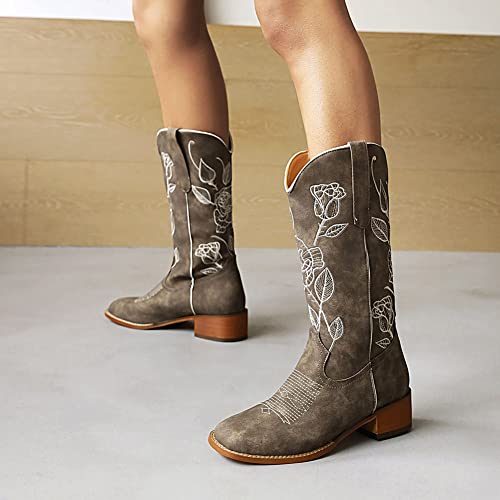 Mikarka XBZ1275-GREY-39 Women'S Square Toe Embroidered Mid-Calf Western Cowboy Cowgirl Boots thumb #3