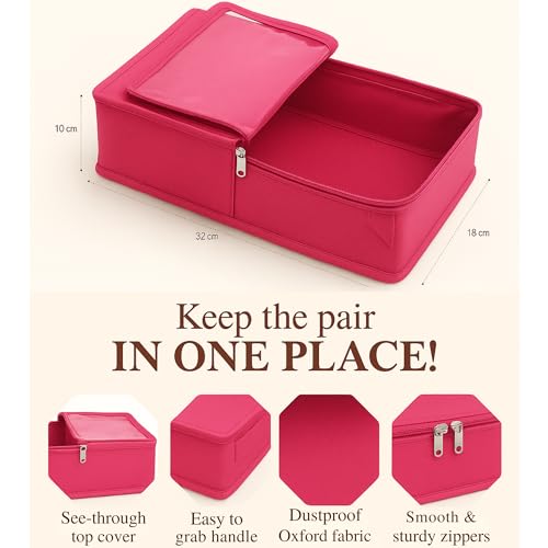 Image of Under Bed Shoe Storage Organizer Box with Clear Plastic Zippered Cover | Large Durable Rexine Travel Shoe Bag for Men & Women | Pack of 12 | Shoes,Slippers & Sports Footwear Storage (Pink)