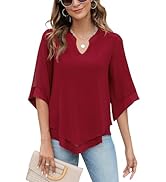 Micoson Womens 3/4 Sleeve Chiffon Blouses V Neck Double Layers Mesh Shirts Dressy Flowy Tunic Tops