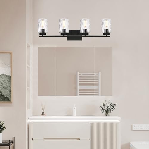 Image of 4 Light Bathroom Vanity Light Fixture Over Mirror, Black Bathroom Wall Sconce Lighting Fixtures Indoor with Clear Hammered Glass Wall Mount Lighting for Porch Kitchen Bedroom Bedside,Hallway