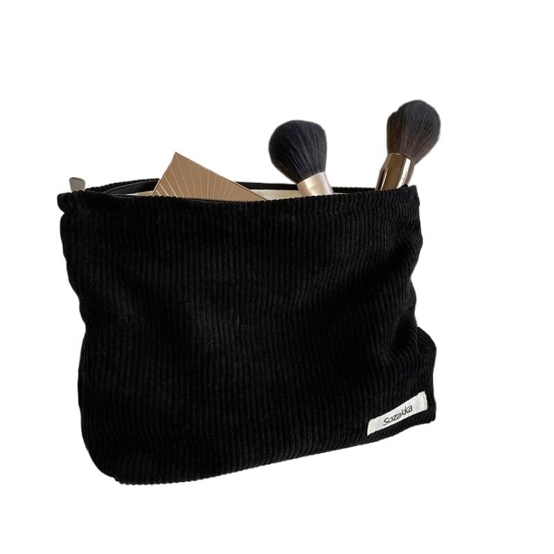 Vanity case en velours côtelé de couleur unie noir au design raffiné pour pinceaux et soins