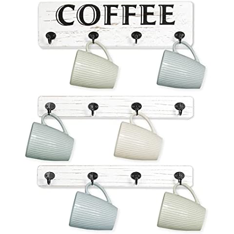 Ilyapa Rustic Wooden Coffee Mug Rack, Wall Mounted Mug Holder for Cups - 12 Hook White Wooden Display Rack for Kitchen Storage and Mug Collection Cover