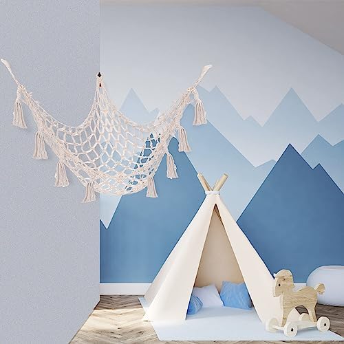 Toy Storage Hammock For Stuffed Animals, Boho Macrame Wall Hanging Mesh Net 104x140cm, Plush Toy Storage Net, Plush Animal Toy Organizer for Bedroom Playroom, Keep Baby Kids Room Nursery Tidy