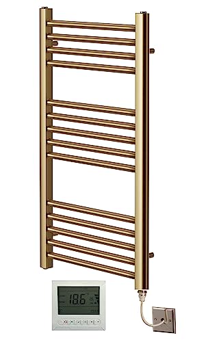 Greened House - Porte-serviettes électrique en laiton brossé droit chauffant de 400 mm de large x 800 mm de haut avec radiateur plat + minuterie et thermostat