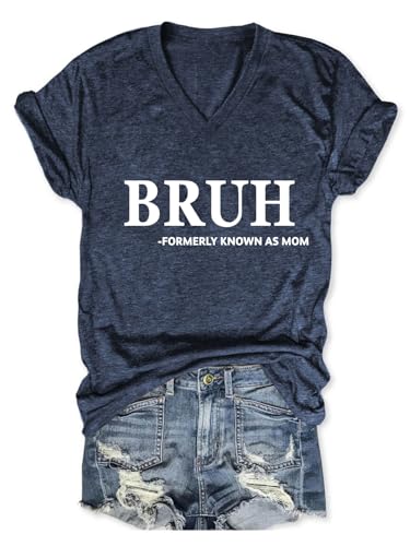 Bruh Formerly Known As Mom T-Shirt Women Mom Life V Neck Shirt Funny Letter Print Tee Casual Summer Short Sleeve Tops Navy Blue