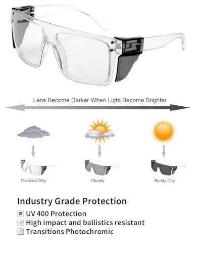 Image of Offray UV400Transition Photochromic Safety Glases Light to Dark Grey Lenses ANSI Z87 Impact Approved Wraparound Style Frame (Clear)