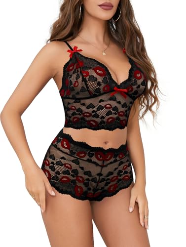 Image of Lilosy Sexy Lingerie for Women Lace Pajamas Set Cami Bra and Panty High Waist Sheer Sleepwear 2 Piece 2XS-6XL