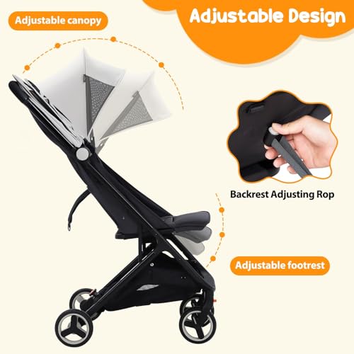 Image of Lightweight Baby Stroller, Compact Umbrella Stroller with Adjustable Canopy /Footrest /Backrest, One-Hand Folding Newborn Infant Stroller for Airplane Friendly(Grey)