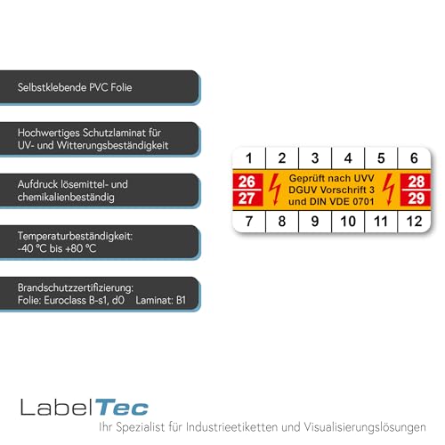LabelTec Prüfplaketten geprüft nach UVV DGUV Vorschrift 3 und DIN VDE 0701 42x18mm Prüfaufkleber 2026-2029 Aufkleber Prüfetiketten PVC Vinyl Plaketten Folie selbstklebend wasserfest LTA001 (100)