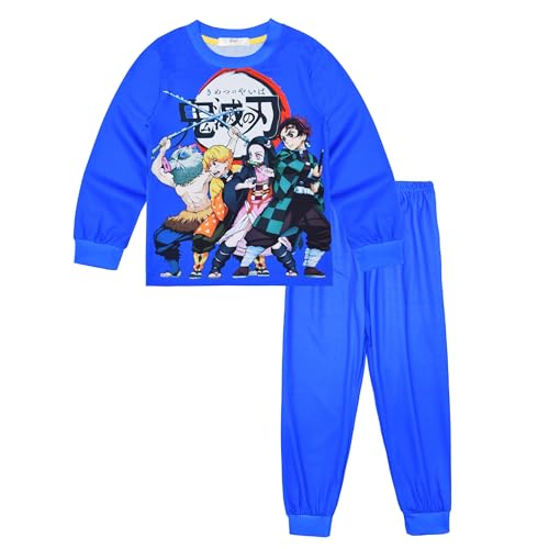 Satdflie Demon Slayer Kids Pajama Set for Little & Big Boys Girls, Cartoon Print Round Neck Pullover Nightwear, 2PC Long Sleeves Elastic Waist Pants，Blue, 170 Size