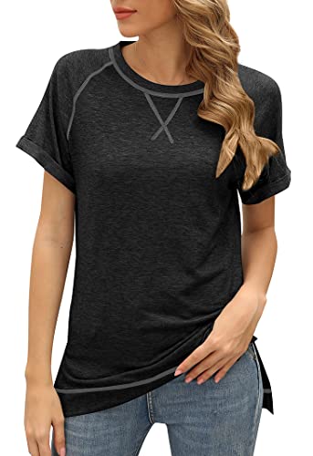 MEDUOLA Mujer Camiseta Básica de Color Sólido T-Shirt Manga Corta con Cuello Redondo Top Delgado L,Negro Cover