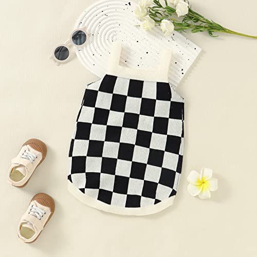 Newborn Baby Girl Summer Clothes Checkerboard Plaid Print Sleeveless Knitted Bodysuit Romper One Piece Jumpsuit Outfit (Black, 3-6 Months) #TOP2