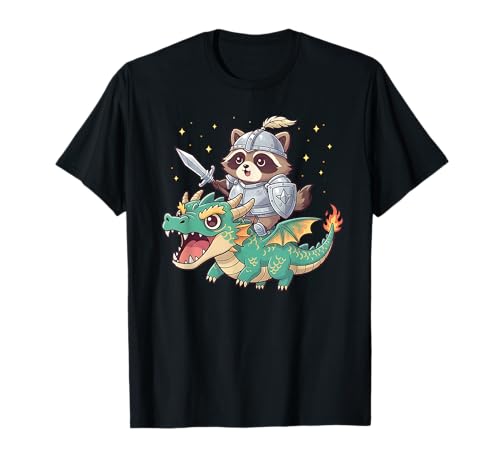 Raccoon Knight Riding Dragon Medieval Ren Faire Graphic T-Shirt