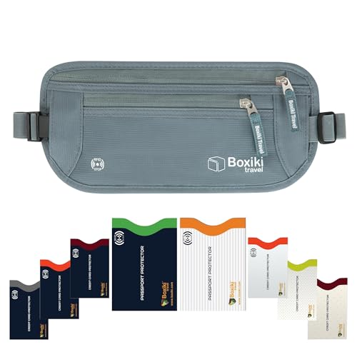 Image of Boxiki Travel Gray Money Belt + RFID Sleeves Set of 8 Pcs | RFID Blocking Secure Waist Bag, Credit Card Holders & Passport Holders for Men and Women | Keep Your Travel Essentials in Reach