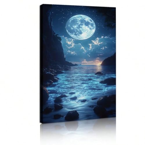 Toile murale paysage marin et lune bleue grand format 70x100 cm sans cadre pour salon moderne