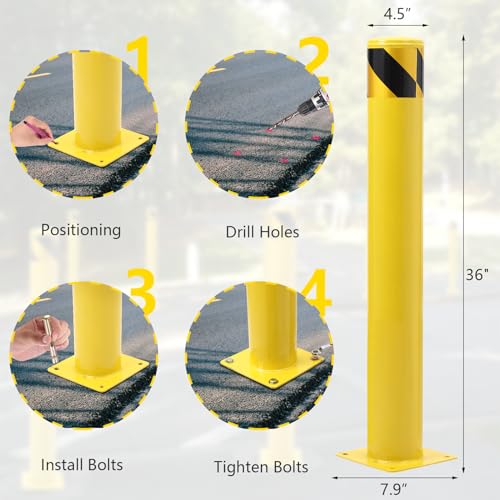 FairOnly Safety Bollard Post, 36” x 4.5” Steel Bollards Parking Barrier Yellow Powder Coated Pack of 1, Steel Safety Parking Bollard with 4 Anchor Bolts for Warehouse Driveway Sidewalk - Thumbnail 2