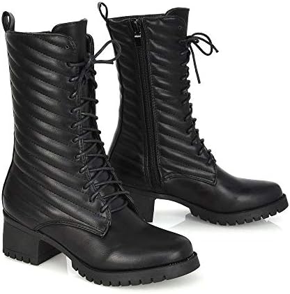 Kino London Womens Mid Calf Lace Up Boots Ladies Black Synthetic Leather Chunky Low Heel Combat Biker Shoes Size 8 B(M) US | Image 4