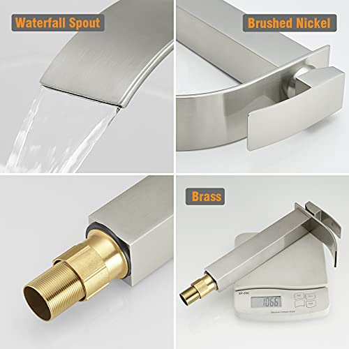 Hoimpro Waterfall Spout Brushed Nickel Bathroom Faucet, Tall Single Handle Bathroom Vanity Sink Faucet, Rv Lavatory Vessel Faucet Basin Mixer Tap with Deck Plate, Solid Brass (One or 3 Hole)
