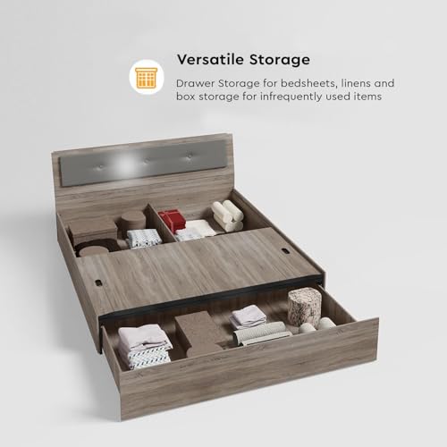 Image of Interio by Godrej Bed, Stud Queen Size Engineered Wood Bed with Pullout Storage, 1-Year Warranty, Sonoma Oak, Particle Board