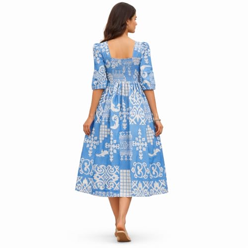 Image of Women's Light Blue Cotton Midi Dress - Square Neck Buttoned Frock - Geometric Print Casual A-Line Dress
