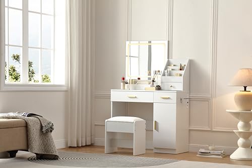 FOREST GRAVITY Vanity Desk with Mirror and Light,Makeup Organizer,Comfy Chair,Power Outlet,Hair Dryer Holder,White Vanity with Lighted Mirror of 3 Colors LED,for Bedroom,Three Drawers,White