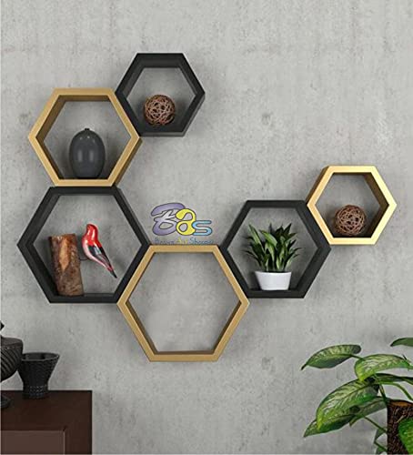 Image of BAS Engineered Wood Brown Art Shoppee Decorative Display With Hexagon Shape Set Of 6 Floating Wall Shelves And Racks For Living Room (Golden & Black)