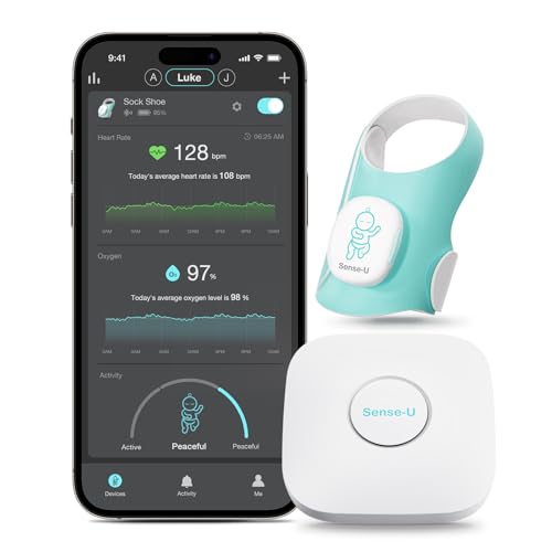 Image of Sense-U Smart Sock Shoe (Long Range) Baby Monitor with On-Device Sleep Indicator & Notifications, Track Heart Rate, Movement, Sleep Patterns, Naps from Anywhere for Peace of Mind, FSA/HSA Eligible