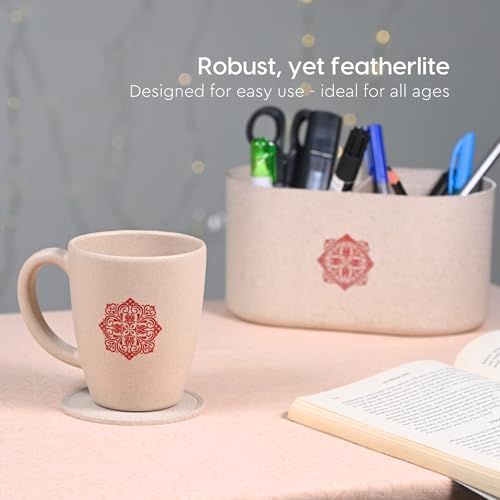 Image of Eha Earth-Friendly Wedding Gifts for Couple | Gifts Made with Rice Husk Biocomposite | Mandala Printed Mug and Coasters Set of 2, Keychain, Loopac Box | 300 ml | Sand Castle