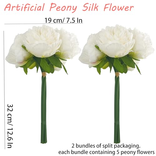 2 Bouquet 10Heads Artificial Fake Peony Flowers Silk Faux White Flower for Home Office Party Wedding Decorations image 8