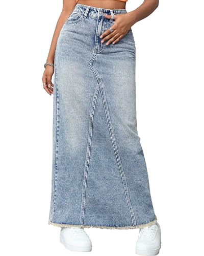 Women's High Waisted Maxi A line Denim Skirt Frayed Raw Hem Casual Long Jean Skirt with Pockets