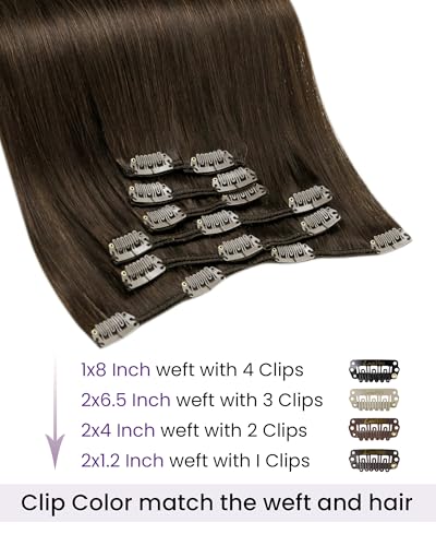 Image of LaaVoo Clip On Extensions Human Hair, For Date Night, 18 Inch | Warm Dark Brown Texture, 120g 7pcs, Hair Extension Clips, Silky, Seamless