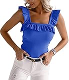CNJFJ Womens Cute Sleeveless Tank Tops Ruffle Strap Square Neck Blouse Solid Color Knitted Camisole Royal Blue
