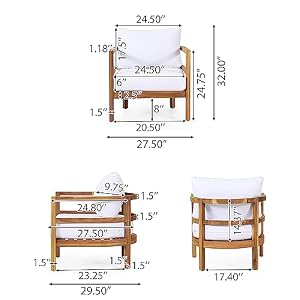 Acacia Wood Outdoor Club Chair with Cushions White Transitional Fabric Arm Chairs Removable